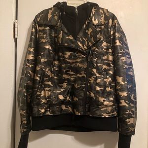Camouflage moto styled faux leather jacket
